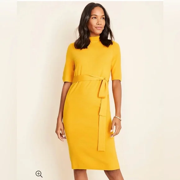 ann taylor yellow dress Neon Square Neck Sheath Size 6  Margaret's Fine Consignment Split neck with ruffle and self ties Ann Taylor Loft Silk Mustard